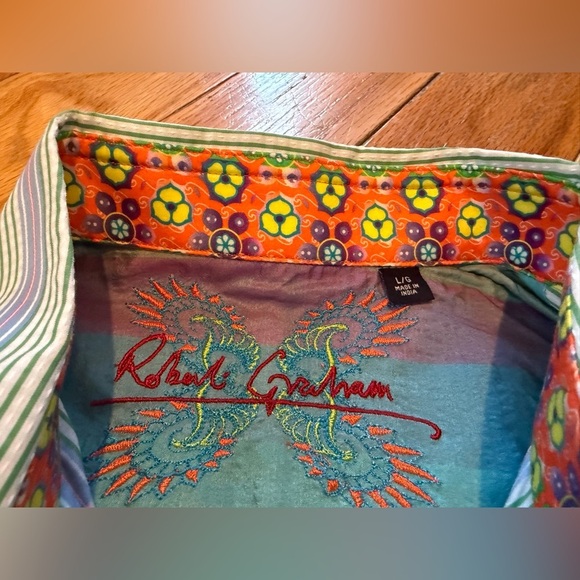 Robert Graham Floral Flip Cuff Button Down Shirt Men's Size Large Vert Stripe - Picture 3 of 14